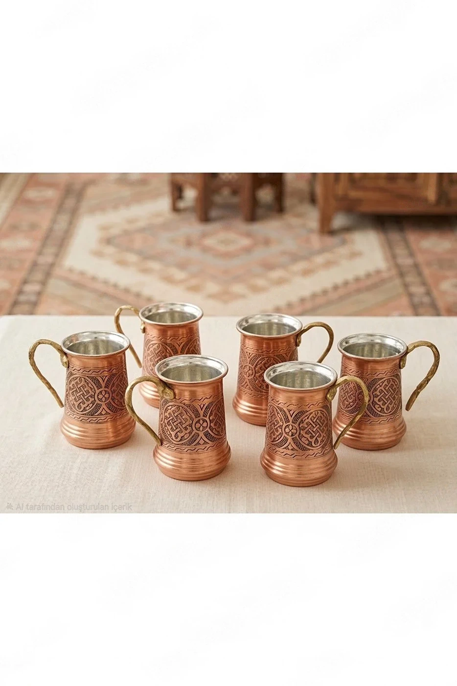 6'lı El İşlemesi Bakır Bardak Seti – Pirinç Kulplu Otantik Retro Bakır Ayran ve Su Maşrapası Takımı