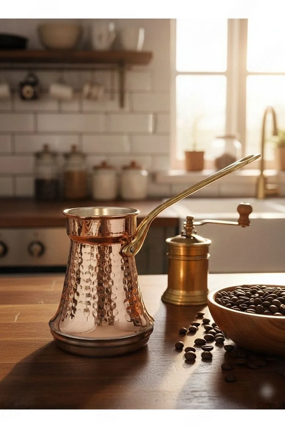 Armoni Bakır Cezve İndiksiyon Taban, Pirinç Kulp, Geniş Taban 3 Kişilik