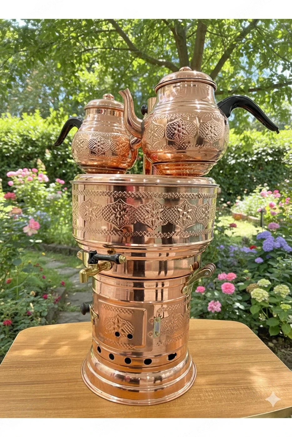 Bakır 10 Lt Semaver (9 litre su 2.5 lt Dem) (ÇİFT DEMLİKLİ-MANGAL -KAZAN AYRILABİLİR)