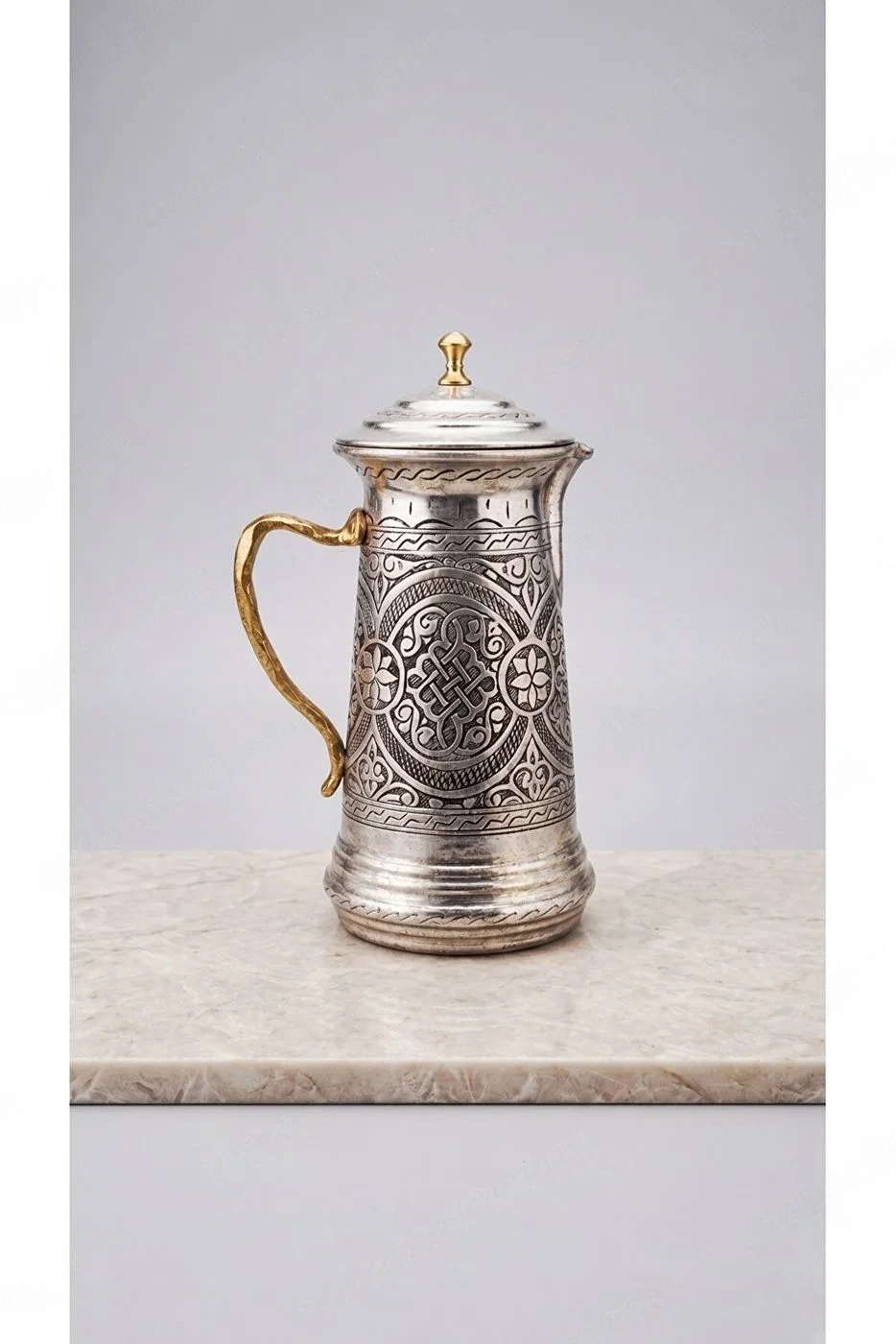 Bakır Sürahi Kapaklı Konik Sık El Oyması Retro Motif 2'lt