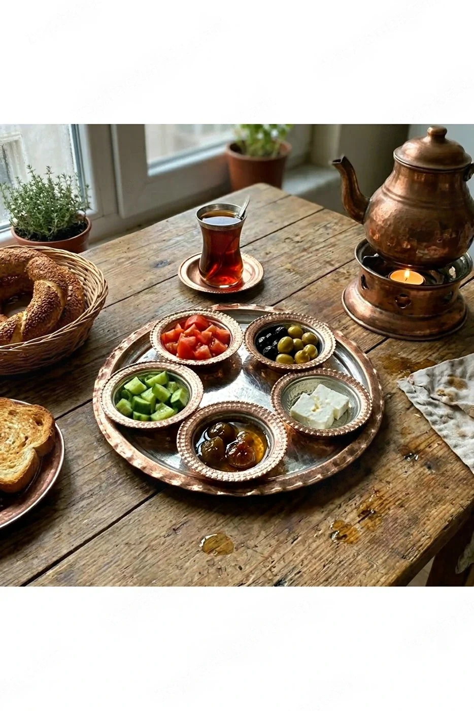 El Dövmesi Bakır Sunum Kahvaltı Tepsisi (35 cm) ve Tabak Takımı 5'li (11.5 cm)