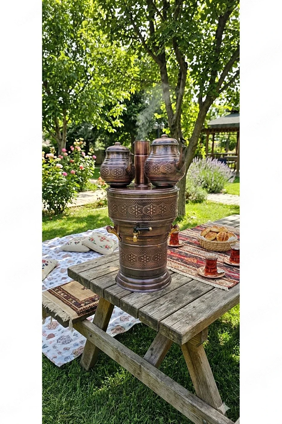 Bakır 10 Lt Semaver Eskitme (9 litre su 2.5 lt Dem) (ÇİFT DEMLİKLİ-MANGAL -KAZAN AYRILABİLİR)