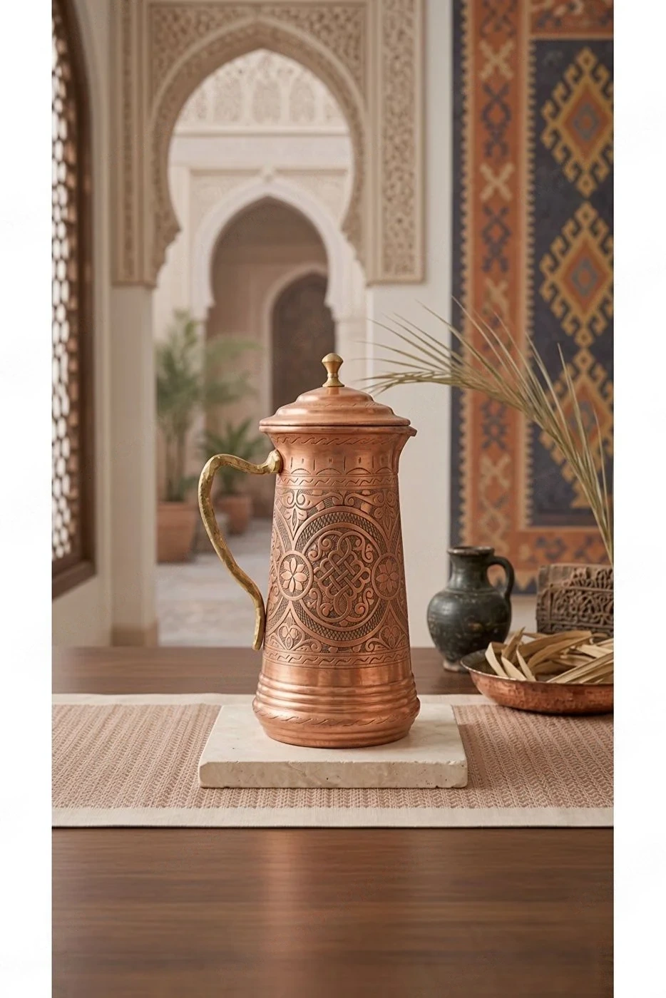 Bakır Sürahi Kapaklı Konik Sık El Oyması Retro Motif 2'lt