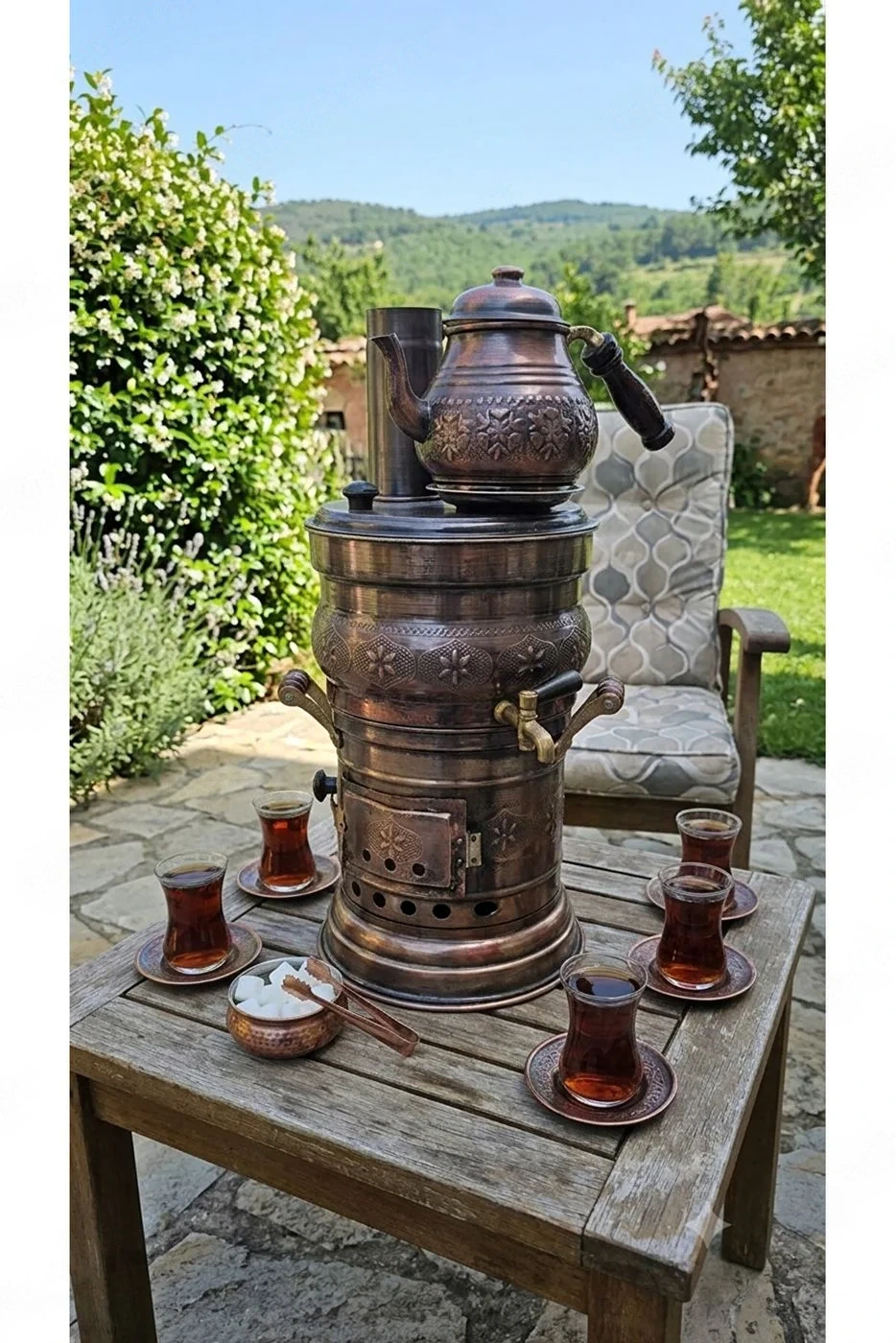 Bakır Oksitlendirilmiş Odunlu Semaver El Yapımı 7 LT (Mangal Kısmı Ayrılabilir)